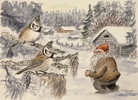 Töyhtötiaiset ja tonttu postikortti