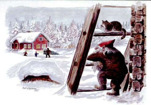 Kissa, tonttu ja kuusenhakijat postikortti